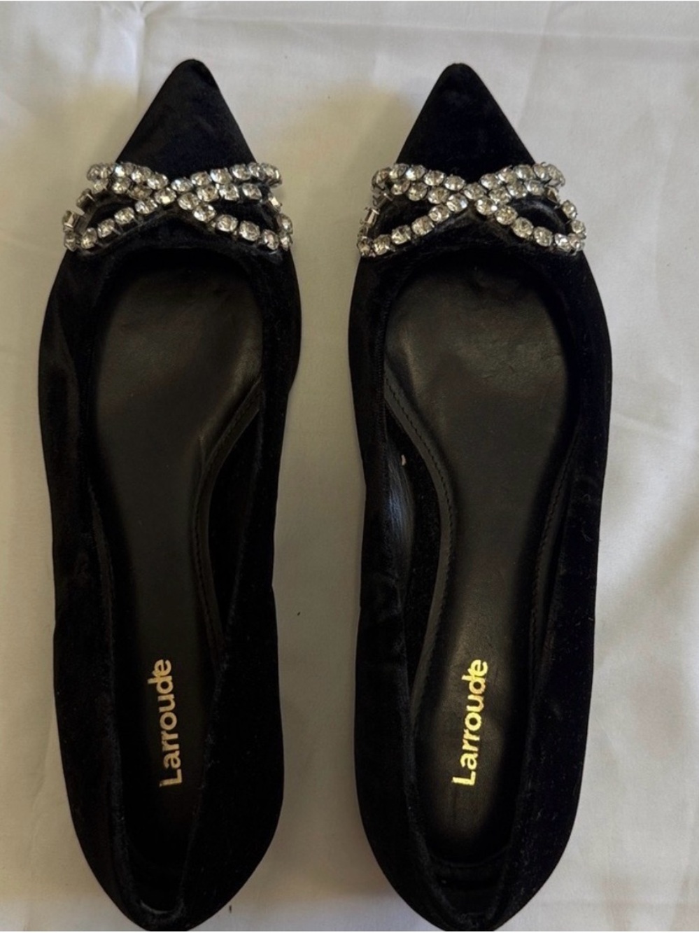 Larroude Black Velvet Pointed Toe Flats with Crystal Accent